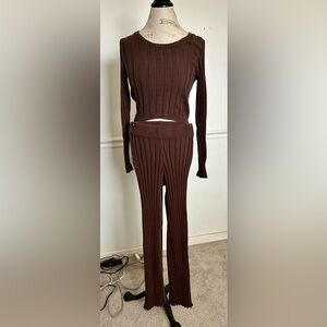 Wild Fable Brown Ribbed Scoop-Neck Cropped Sweater/Pants Set